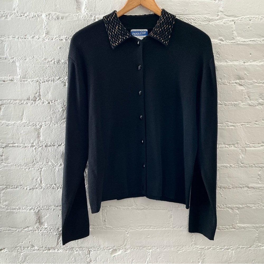 Pendleton Vintage Button Front Cardigan Sweater Wool Blend Beaded Collar Black L